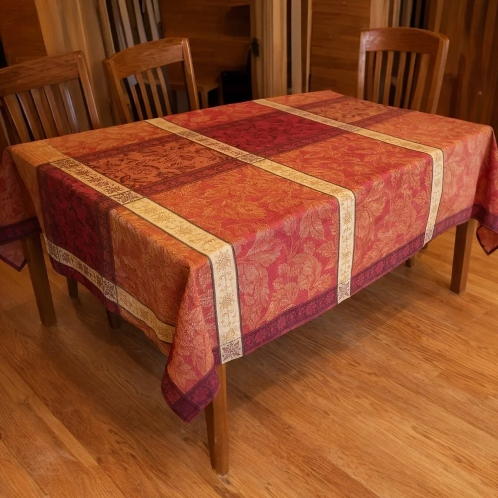 Maple Leaf Jacquard Harvest Tablecloth - Cotton Blend - Jewel Tones 57 X 102
